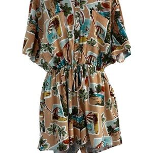 Label of Love Tropical Postcard Print Romper/Costal Vacation Core Linen Blend XL